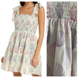 Kathleen Maeve Gray Purple Seashell Print Smocked Linen Blend Dress S
